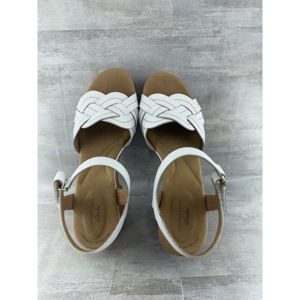 Clarks Collection White Leather Braided Wedge Sandals 261582084060 Women Sz 8.5M - Picture 9 of 11